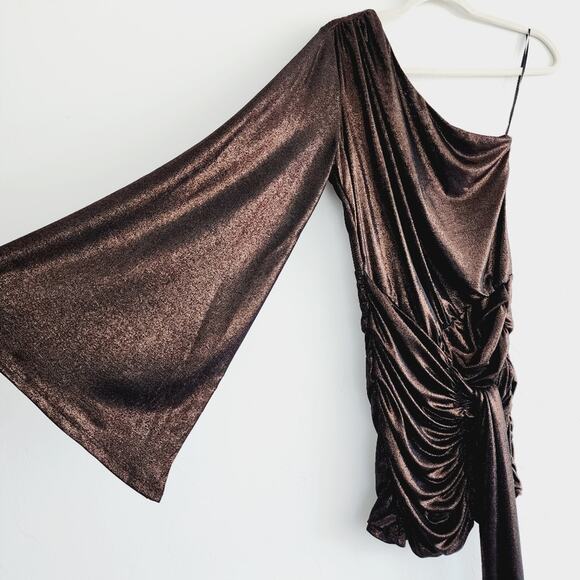 Zara Metallic Bronze Asymmetric Ruched Bodycon Mini Dress Size Large - Picture 6 of 11